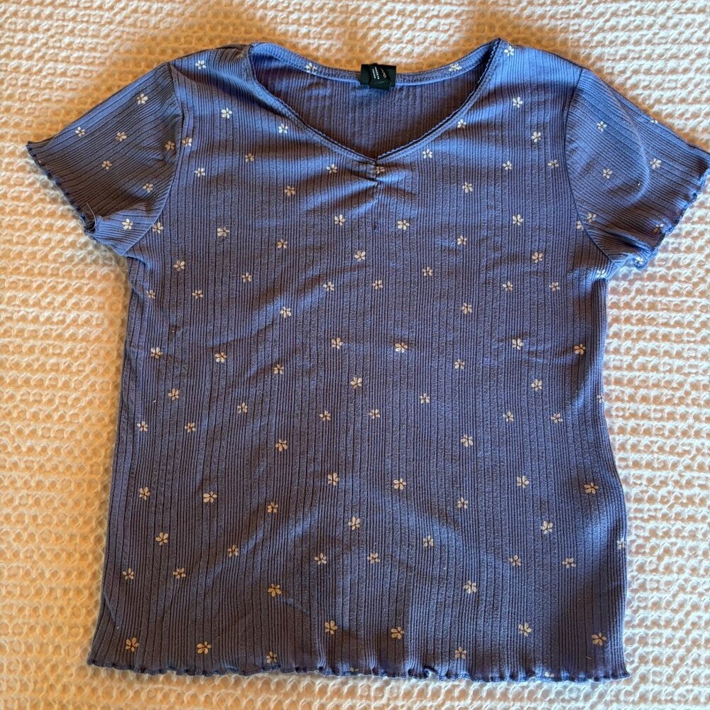 Art Class Girls Blue Floral Ribbed Lettuce Hem Top L 10/12
